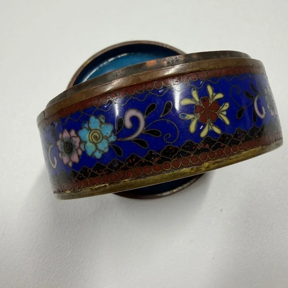 Vintage Chinese Cloisonne Enamel Trinket Box Bird Floral Black Blue Brass Round
